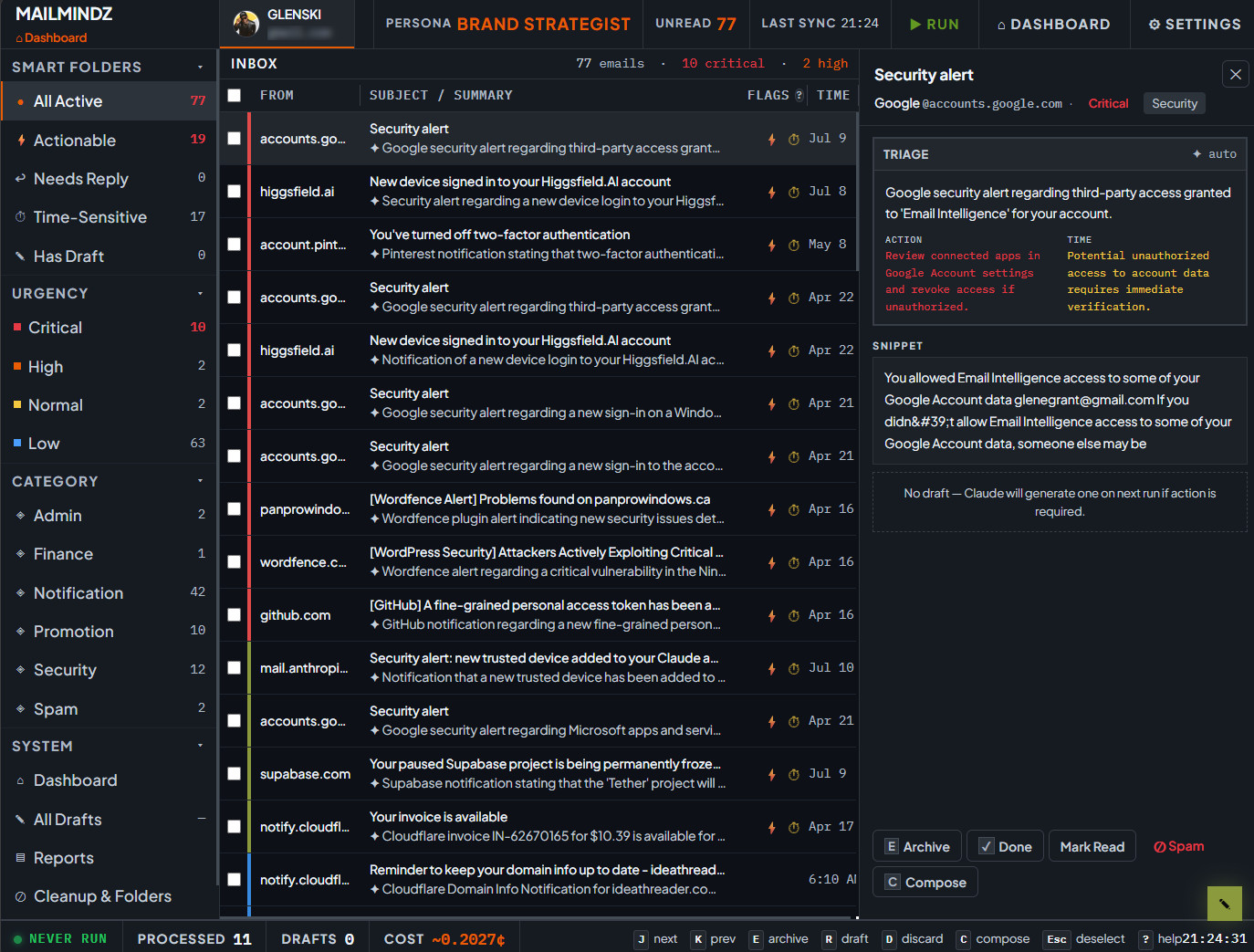 MailMindz inbox console showing prioritized emails, smart folders, and an email triage panel